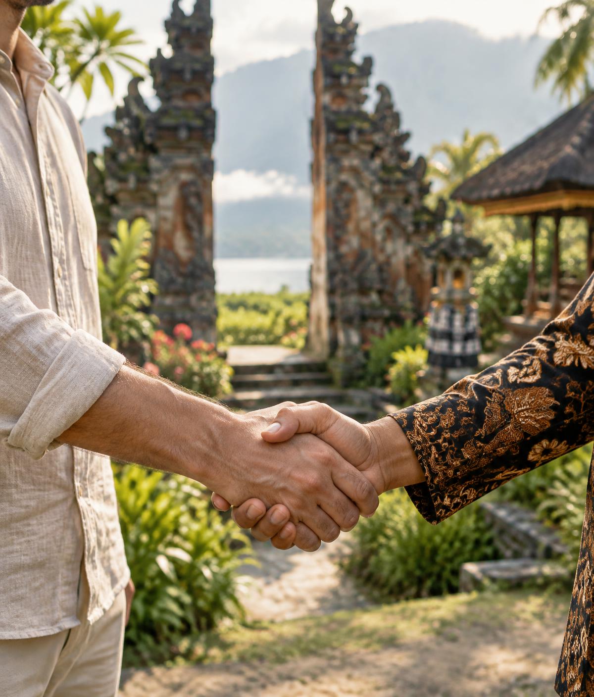 Travel partners shaking hands in a beautiful Bali setting