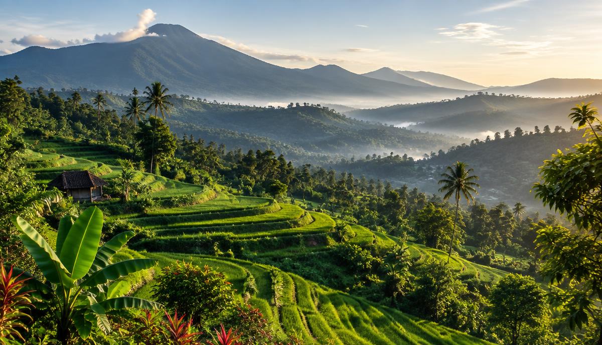 North Bali rice terraces, palms and mountains